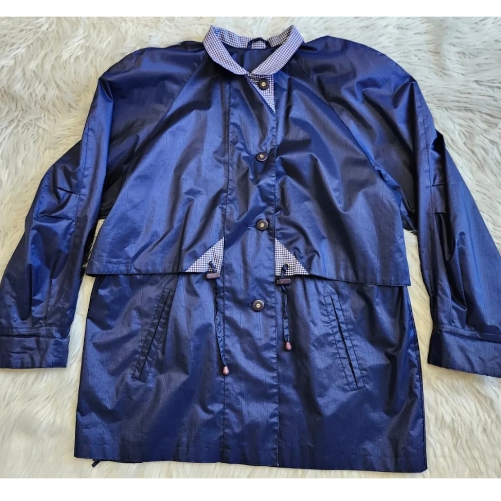 Totes Women Rain Jacket Sz M Blue Gingham Check Waterproof Rainwear Button